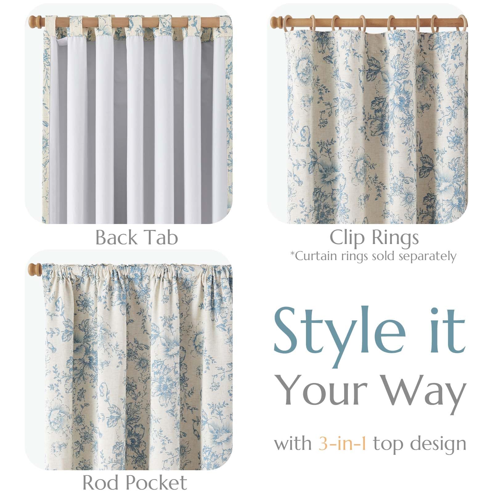 jinchan Floral Linen Blackout Curtains for Bedroom 63 Inches Long