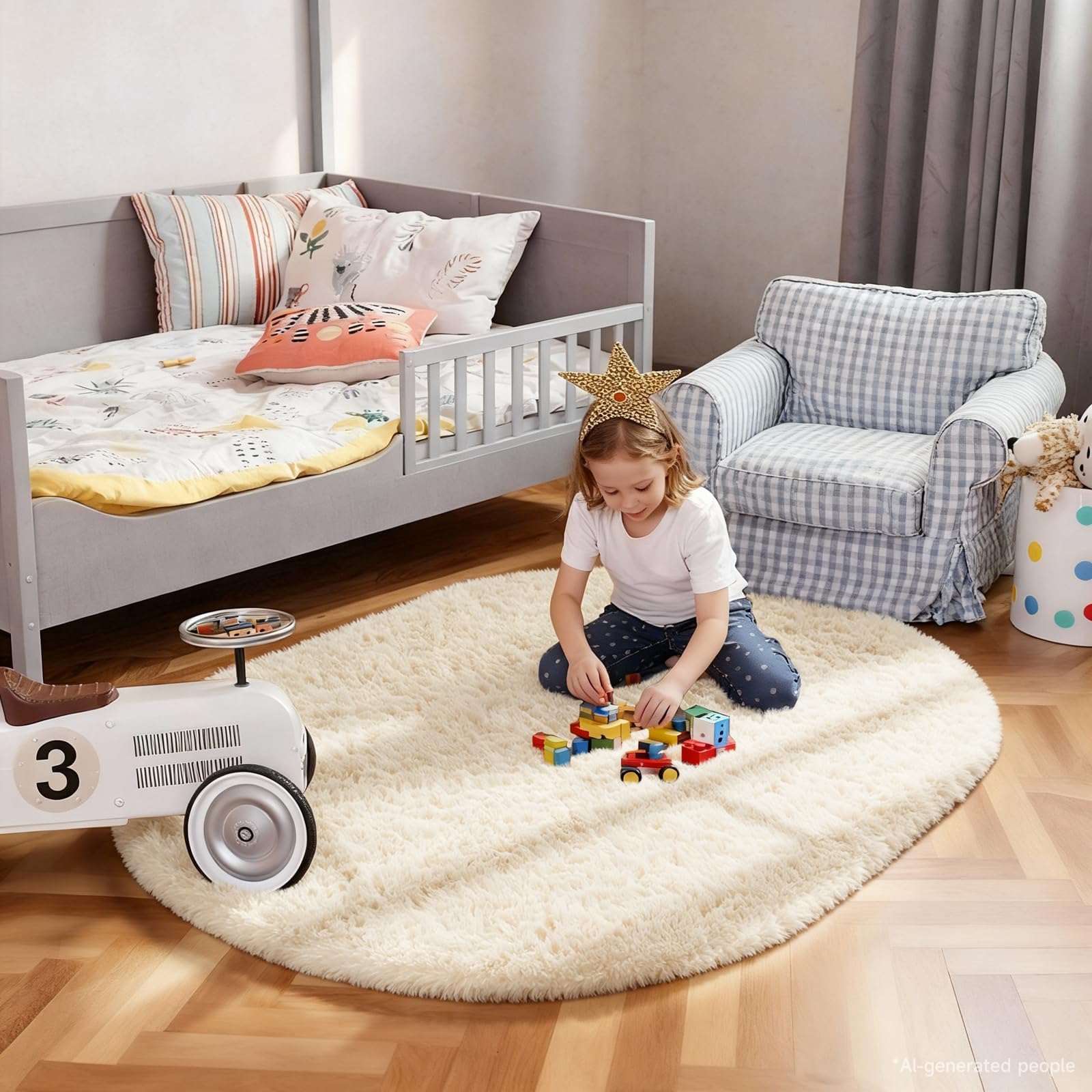 Ophanie 3x5 Oval Ivory Rugs for Bedroom Living Room Washable,Fluffy Fuzzy Furry Carpet,Plush Soft Shaggy Indoor Floor Area Rug for Kids Girls Boys Baby Teen Dorm Decor with Over 99 pcs Pile fibers