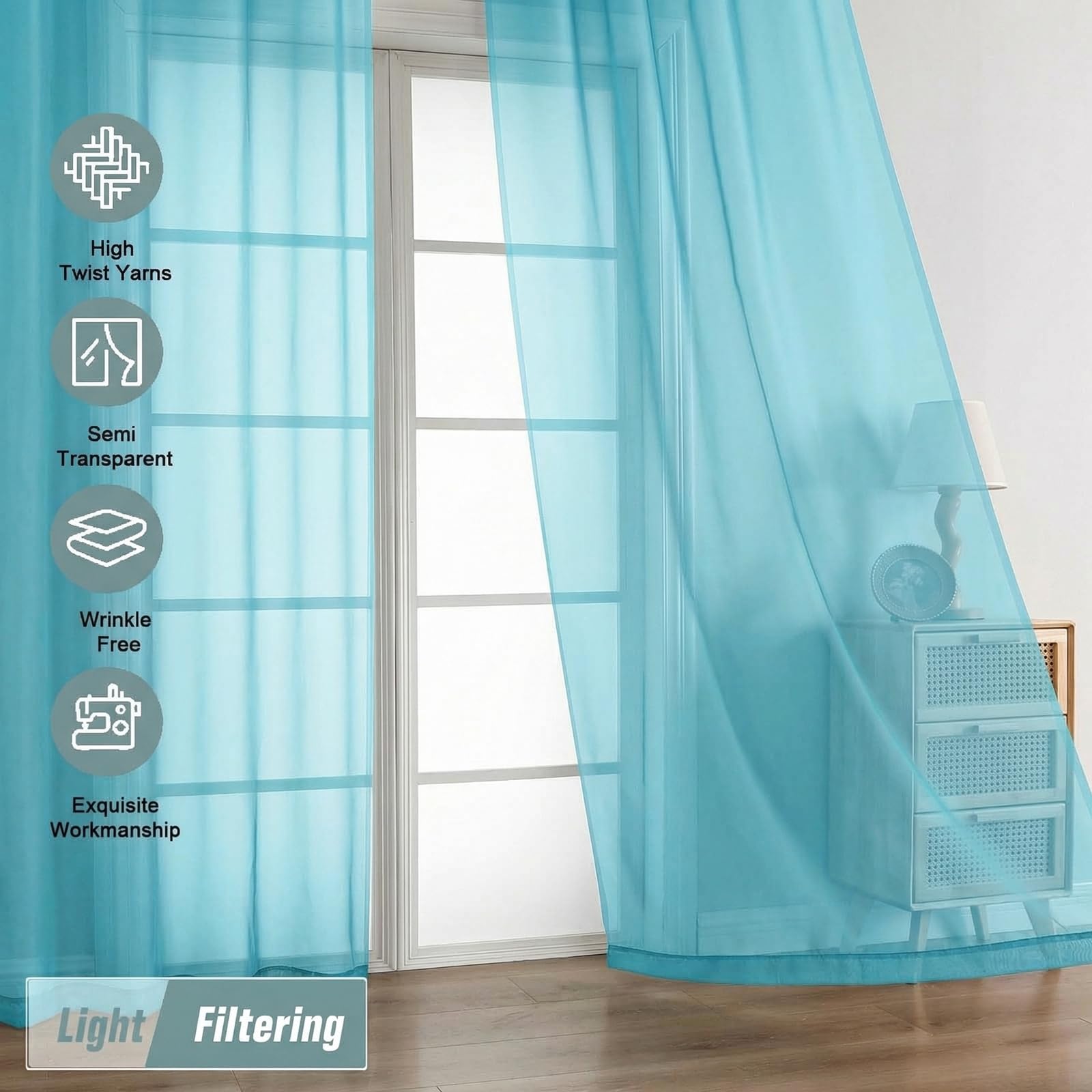 Ebesto Sheer Curtains 63 Inch Length 2 Panels, Voile Sheer Curtain for Living Room, Breathable Light Filtering Modern Window Treatments, Soft Fabric Dual Rod Pocket Drapes, Aqua, 2x42Wx63L Inches