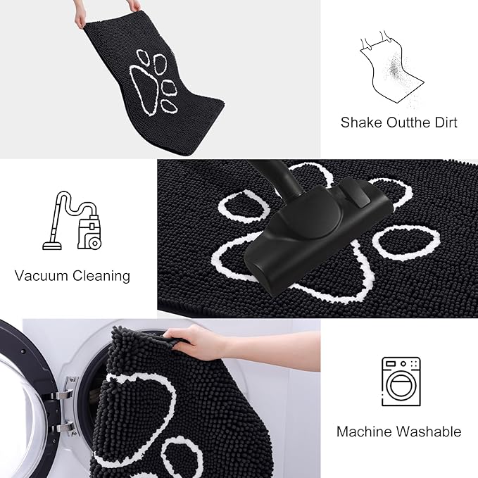 Smiry Dog Door Mat for Muddy Paws, Absorbent Dirt Trapper Non Slip Quick Dry Washable Chenille Mat for Mud Dogs, Entry Rug for Indoor and Outdoor (47x17 Inches, Black and White)