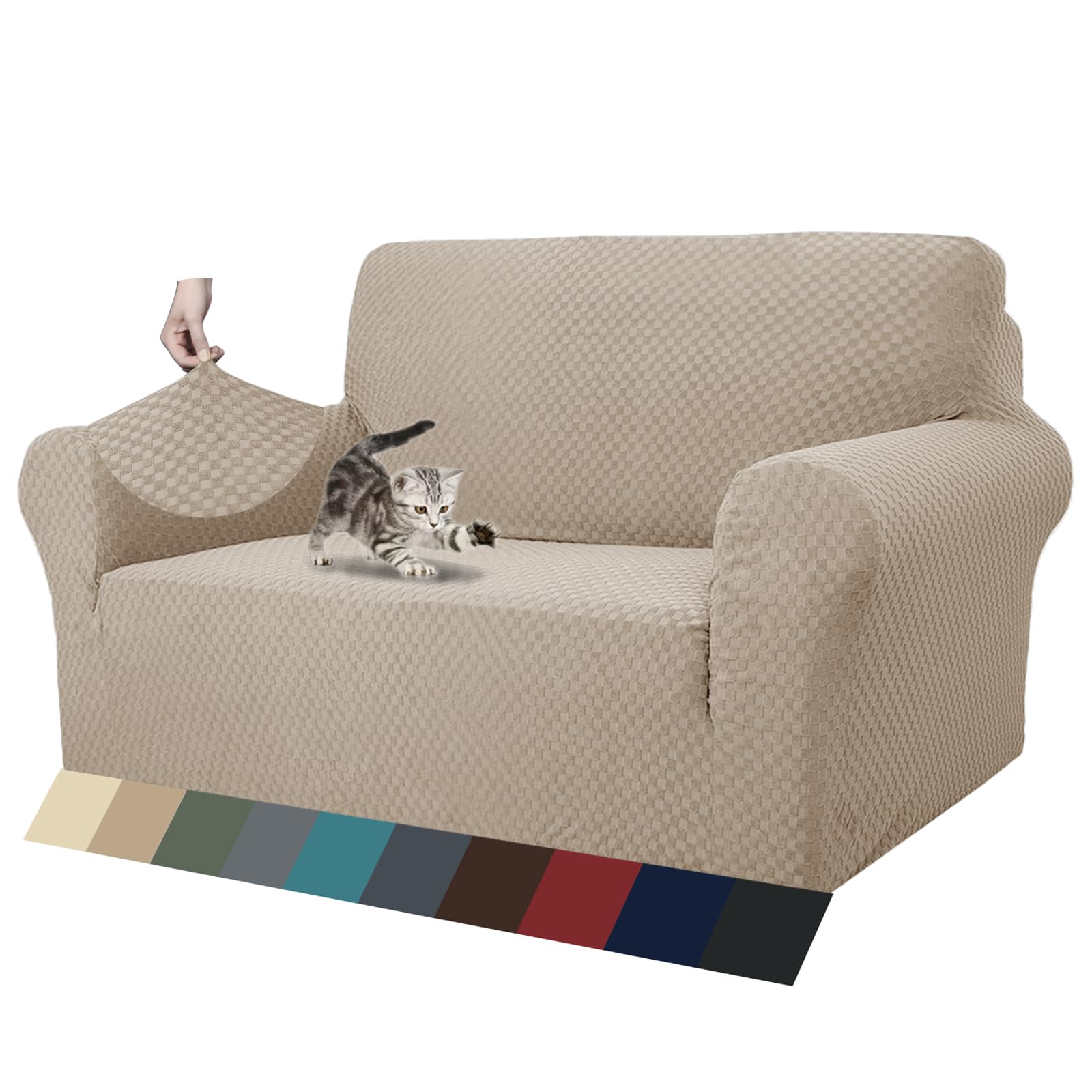 ZNSAYOTX 1 Piece Jacquard Couch Covers for 2 Cushion Couch High Stretch Loveseat Slipcover for Pets Dogs Anti Slip Love Seat Sofa Slipcover Furniture Protector (Loveseat, Khaki)