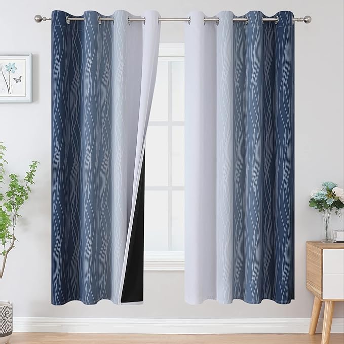 Navy Blue and Greyish White Blackout Curtains for Living Room 72 Inch Long