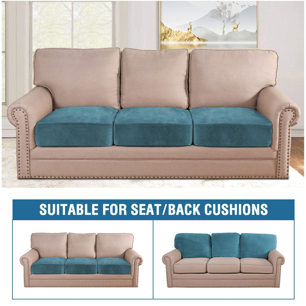 H.VERSAILTEX Velvet Stretch Couch Cushion Cover Plush Cushion Slipcover for Chair Loveseat Sofa Cushion Furniture Protector Seat Cushion Sofa Cover (3 Piece Sofa Cushion Covers, Peacock Blue)
