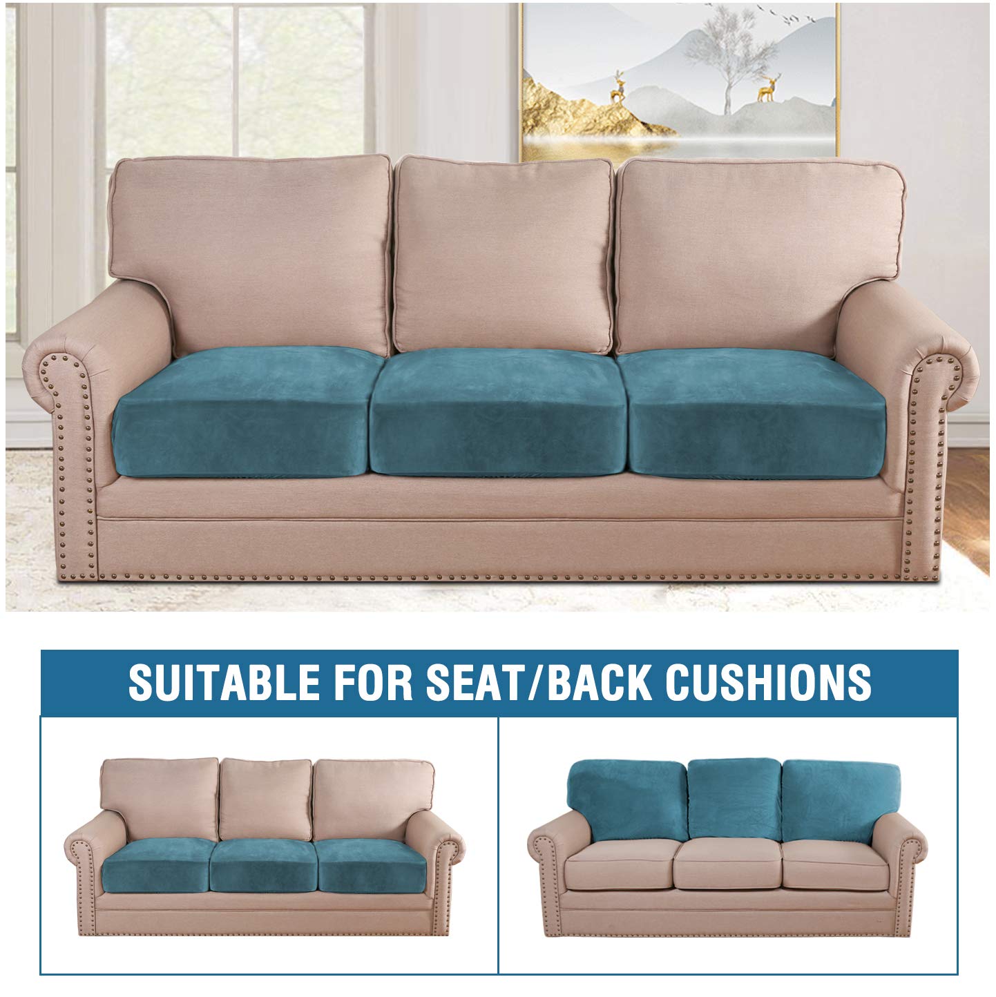 H.VERSAILTEX Velvet Stretch Couch Cushion Cover Plush Cushion Slipcover for Chair Loveseat Sofa Cushion Furniture Protector Seat Cushion Sofa Cover (3 Piece Sofa Cushion Covers, Peacock Blue)