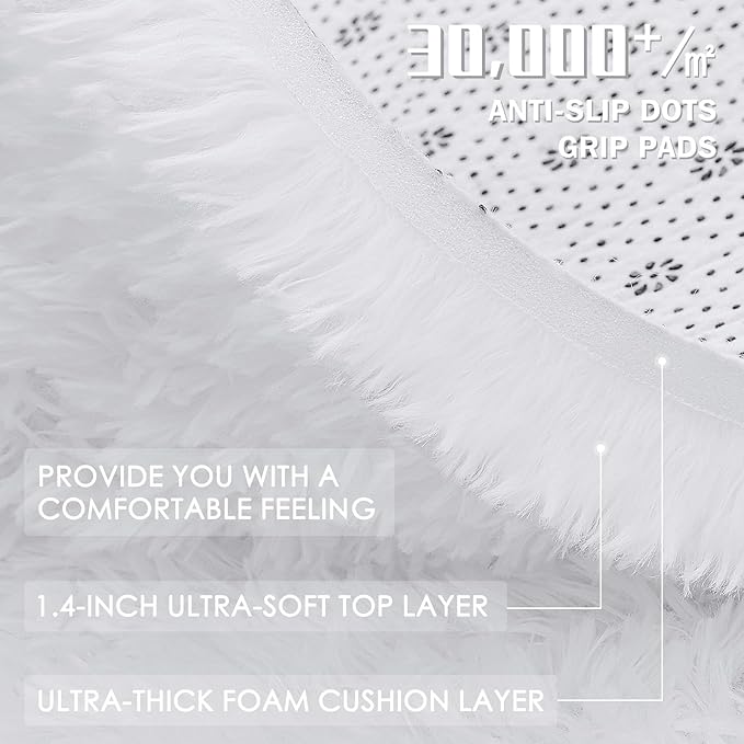 OLANLY 3x3 Machine Washable Small Bedside Rug, Soft Fluffy Shaggy Entryway Throw Rugs for Bedroom, Living Room, Indoor Floor Carpet for Kids Girls and Boys, Nursery Rooms, Home Decor Aesthetic, White