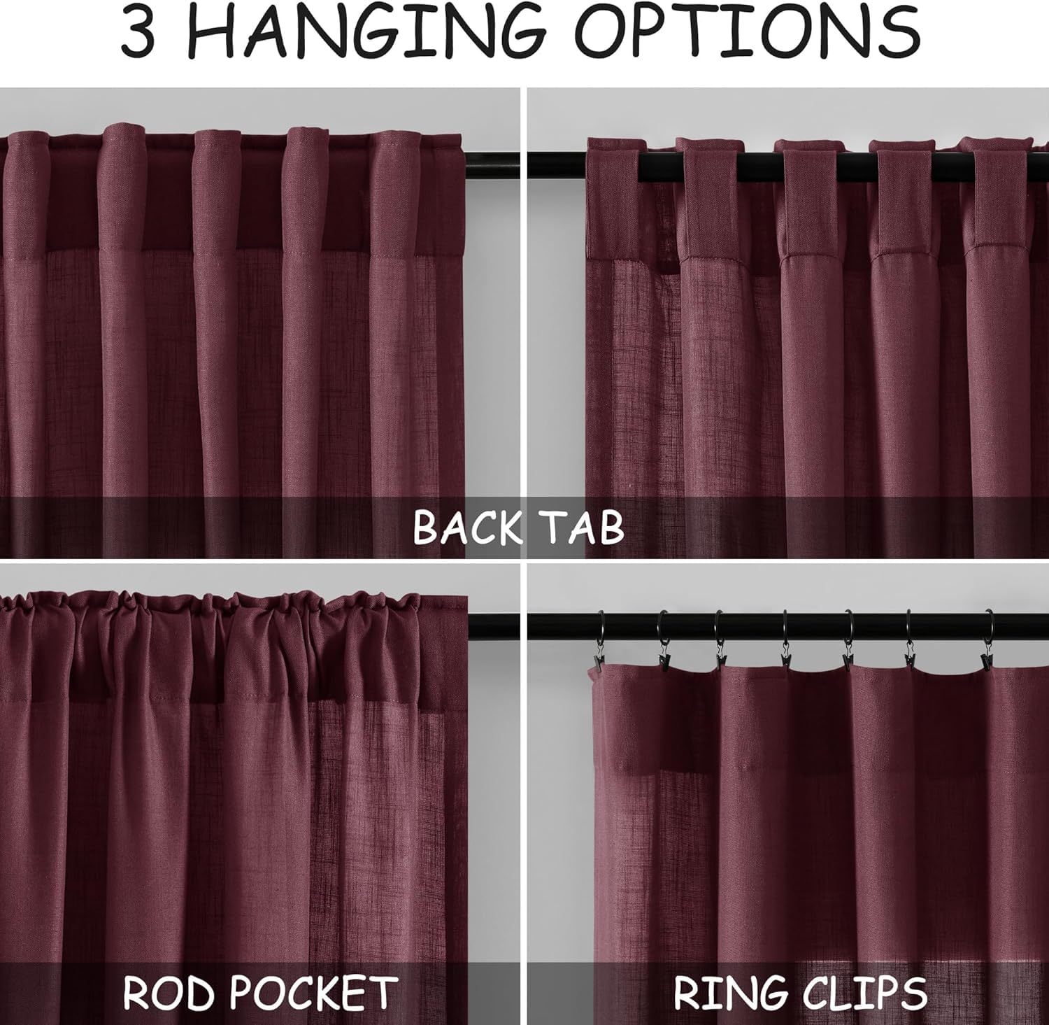 Nanspring Burgundy Linen Curtains 132 Inch Length for Living Room Light Filtering Semi Sheer Curtain Back Tab Vintage Boho Decor Drapes Floor to Ceiling High Window for Bedroom 52x132, 2 Panels
