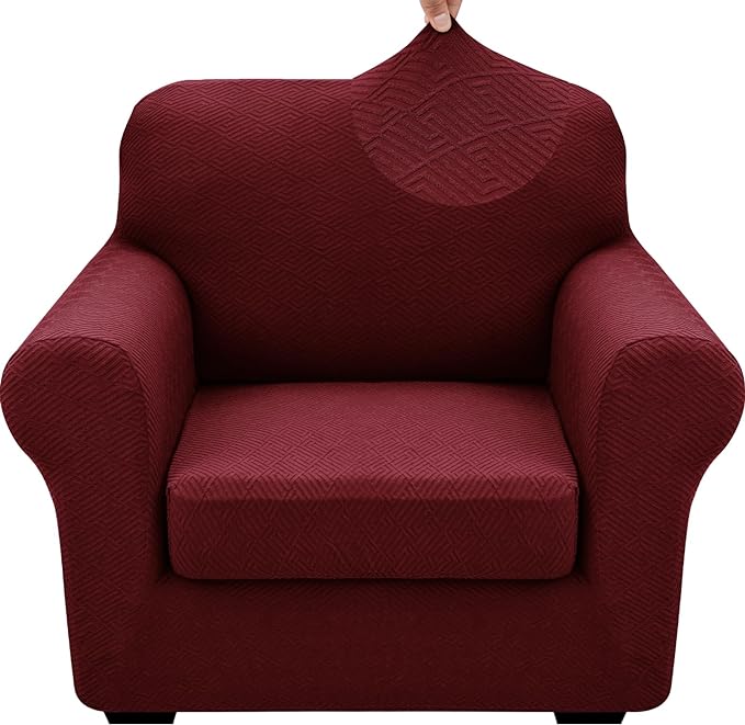 XINEAGE 2026 New 2 Pieces Chair Covers with Arms Super Stretch Chair Slipcover for Living Room Pet Dog Universal Slip Cover Anti Slip Armchair Furniture Protector (Wine Red), 31"-46"(1 Cushion)
