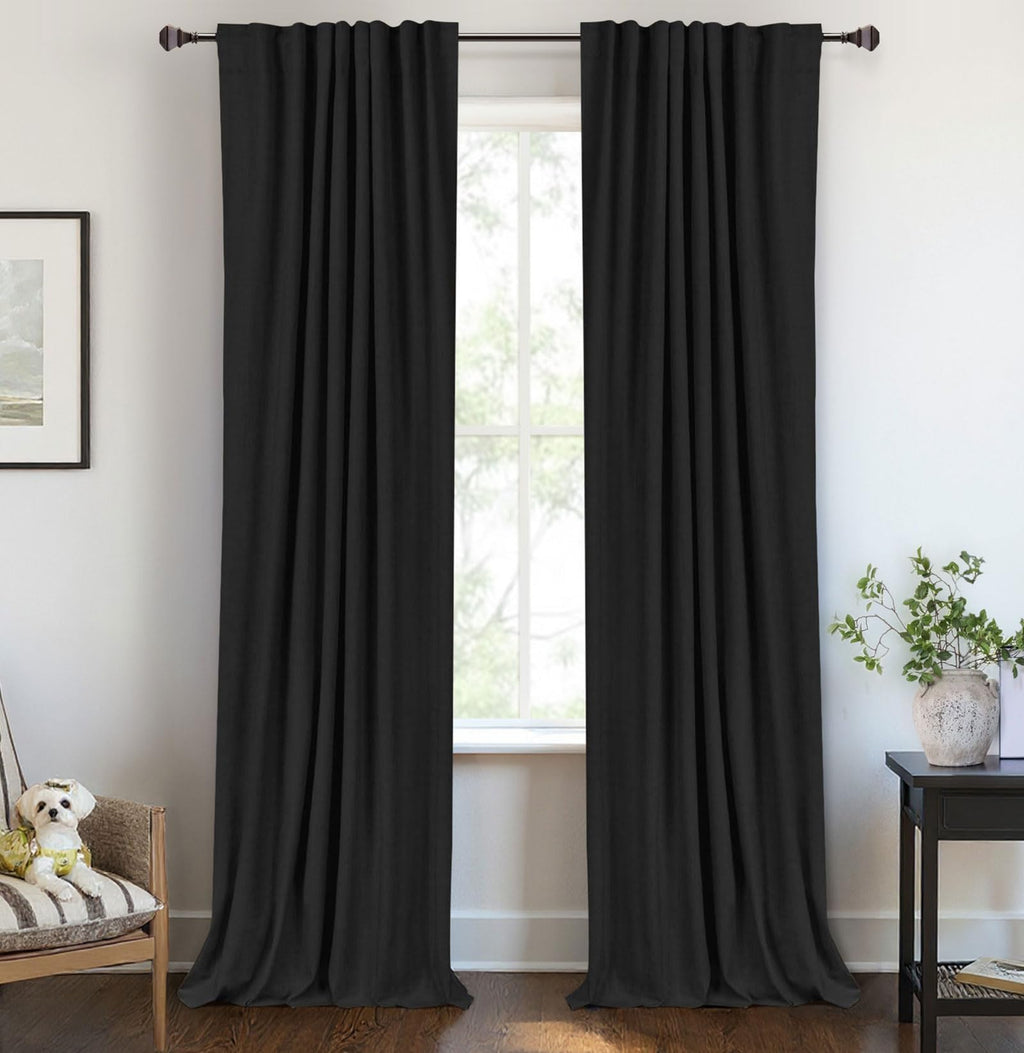 Linen Textured Total Blackout Curtains for Bedroom 72 Inches Long, Black