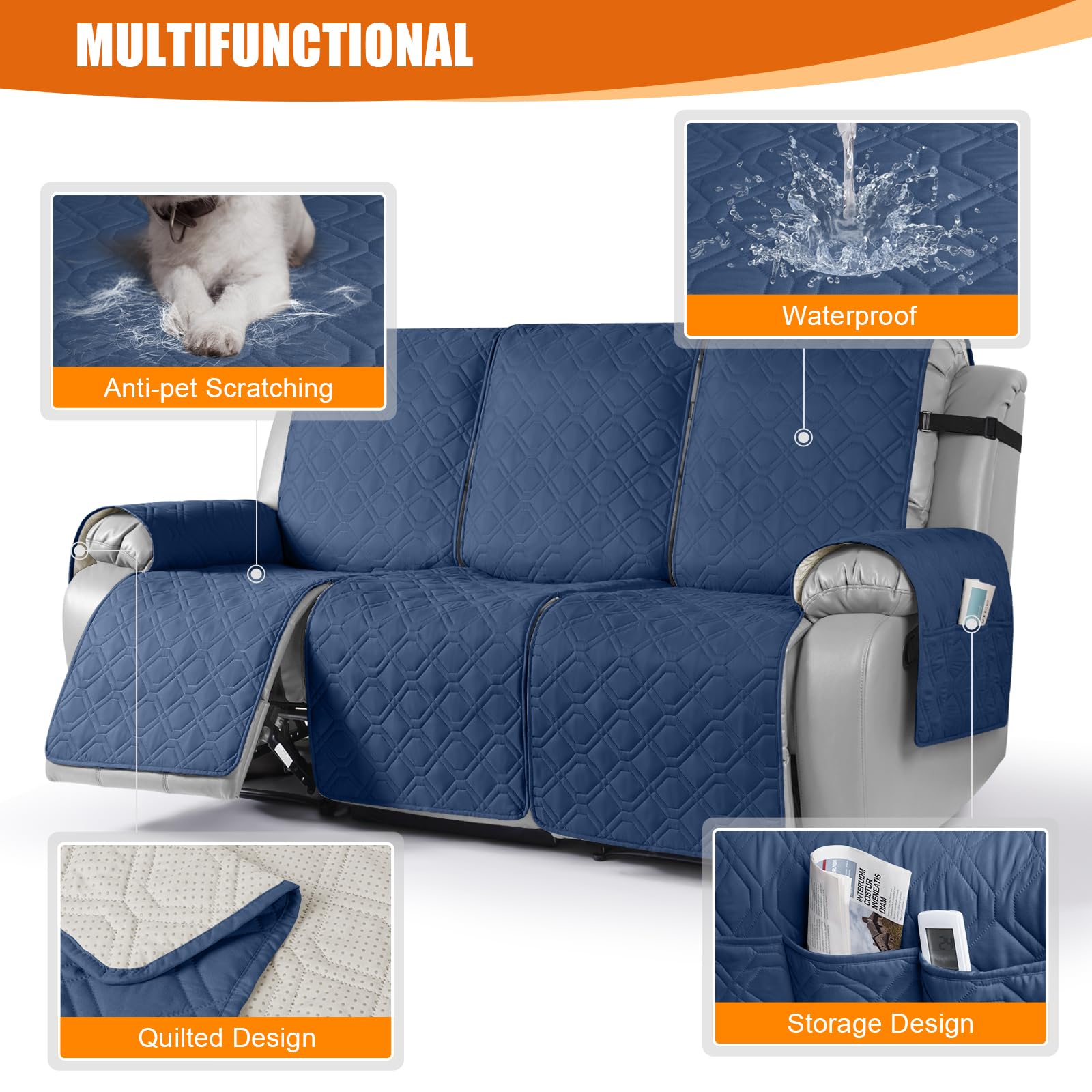 VANSOFY Waterproof Recliner Couch Covers Washable, Ocean Blue,3 Seater