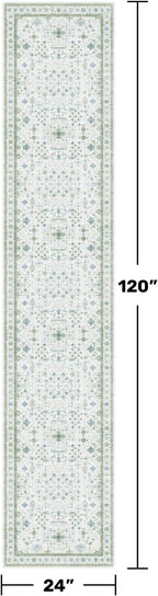 Hazo Haus Oushak Runner 2x10 Hallway Rug - Floral Pastel Boho, Washable Low Pile Non Slip Extra Long Runner Rugs for Kitchen, Hall Way - Cream Blue and Green
