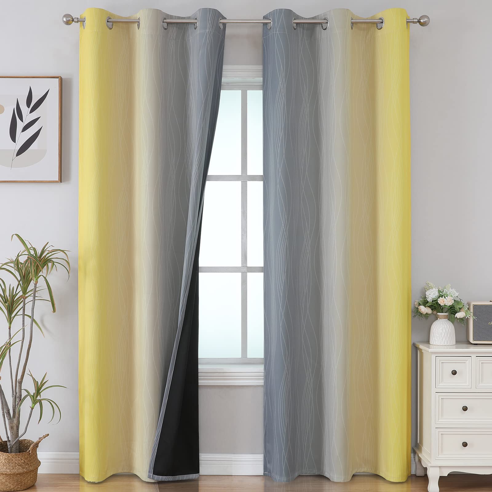Yellow and Grey Ombre Blackout Curtains for Living Room 42Wx84L Inch Length