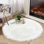 Ciicool White Fluffy Round Fur Area Rug for Bedroom, Circle Faux Fur Rugs