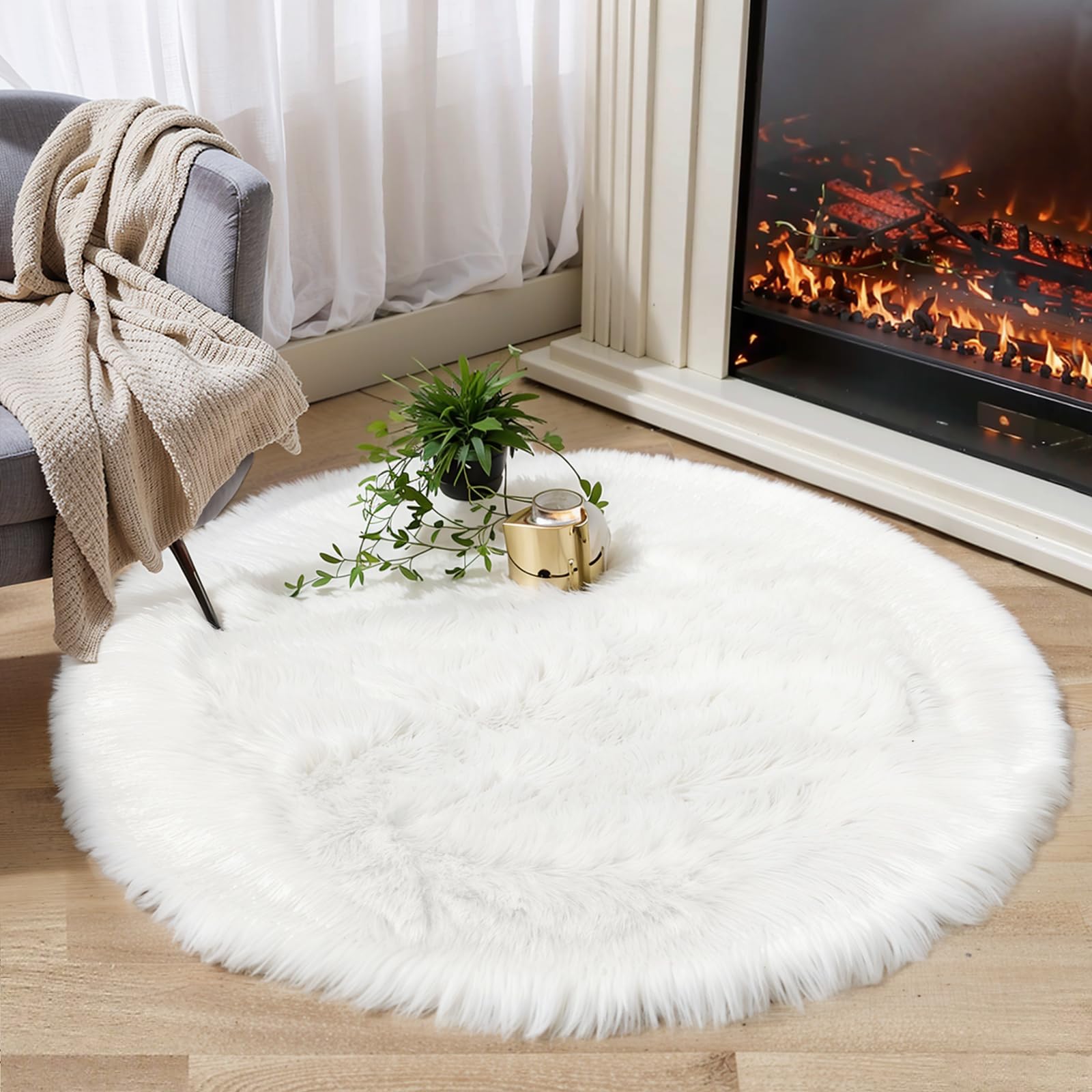 Ciicool White Fluffy Round Fur Area Rug for Bedroom, Circle Faux Fur Rugs