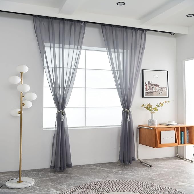SpaceDresser Sheer Voile Window Treatment Rod Pocket Curtain Panels for Kitchen Bedroom Living Room Drapes Sunlight Filtering Privacy Semi Home Decor Assorted Colors Sizes (Grey, 52 W x 84 L)