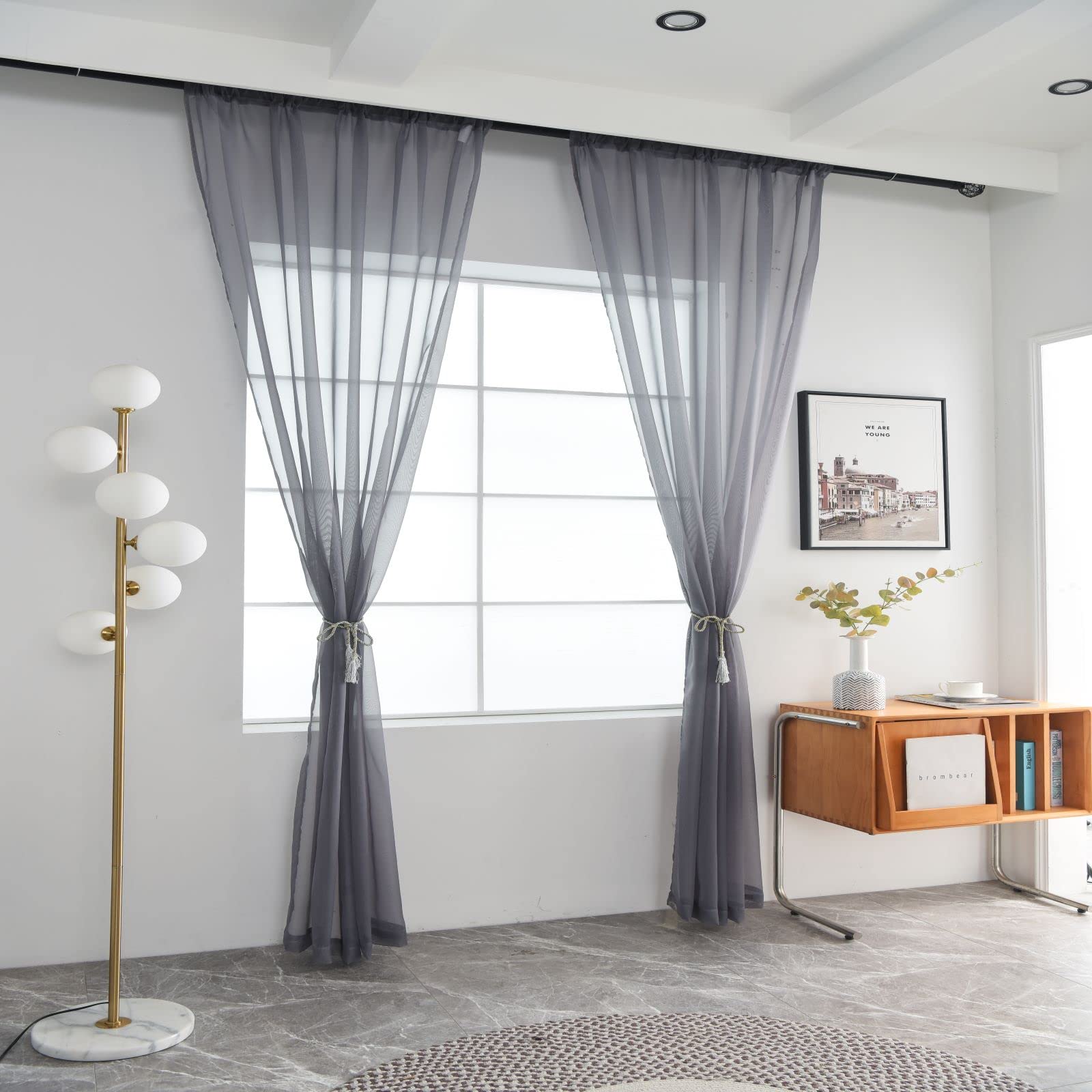SpaceDresser Sheer Voile Window Treatment Rod Pocket Curtain Panels for Kitchen Bedroom Living Room Drapes Sunlight Filtering Privacy Semi Home Decor Assorted Colors Sizes (Grey, 52 W x 90 L)
