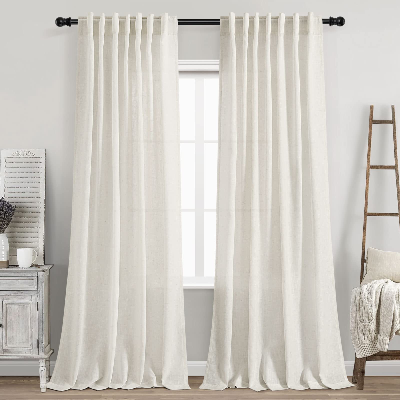 Nanspring Cream Semi Sheer Linen Curtains 88 Inch Length for Living Room Back Tab Rod Pocket Modern Farmhouse Coastal Decor Cotton Textured Gauze Curtains 73 Inches Long for Dining Room Office 52x88