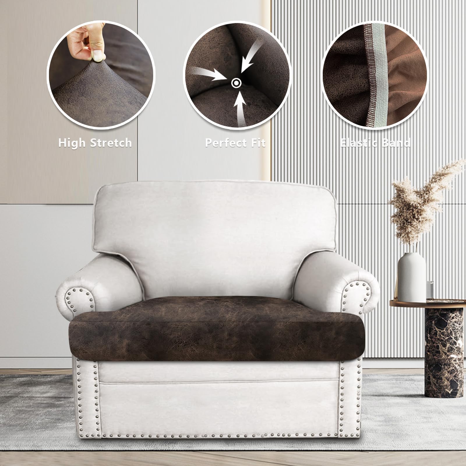 ANARACHON Leather Look Couch Cushion Covers Sofa Seat Slipcovers Sets Couches Furniture Protector for Sectional Armchair Loveseat Pets Kids Stretch Spandex Fabric (1 T-Cushion Armchair, Brown)