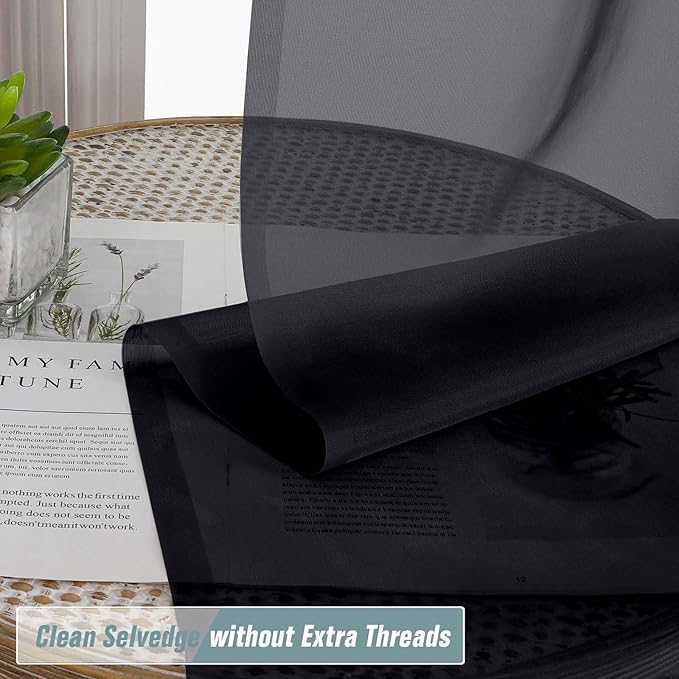 Black Small Sheer Curtains Tier 24 Inches Length 2 Pieces, Light Filtering Cafe Curtains Sheers for Living Room Bathroom, Modern Window Treatments Dual Rod Pocket Panels, 2X42Wx24L Inches