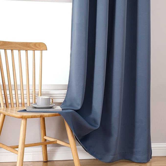 ChrisDowa 100% Blackout Curtains for Bedroom with Black Liner, 2 Thick Layers Total Blackout Thermal Insulated Grommet Long Window Curtains 2 Panels Set (Stone Blue, 52 x 95 Inch)