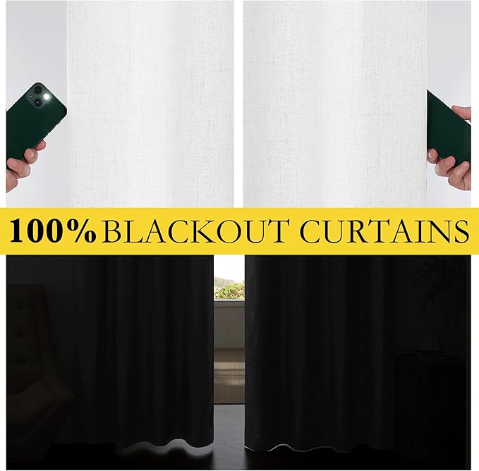 NICETOWN 100% Absolutely Blackout Linen Curtains with Thermal Insulated Liner, Greyish White, 52" Wide, 72" Length Energy Saving Curtains for Living Room 2 Panels Set, Vertical Blinds