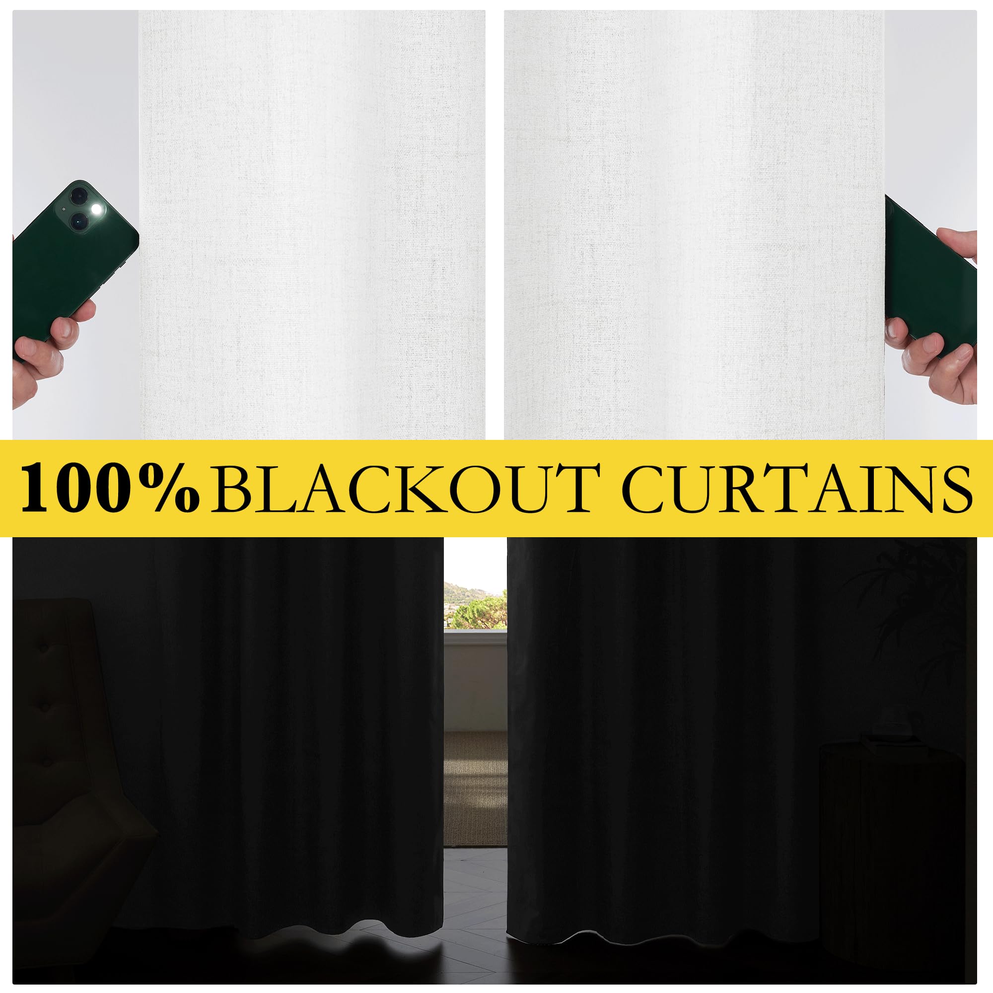 NICETOWN 100% Absolutely Blackout Linen Curtains with Thermal Insulated Liner, Greyish White, 42" Wide, 54" Length Energy Saving Curtains for Dining Room 2 Panels Set, Vertical Blinds