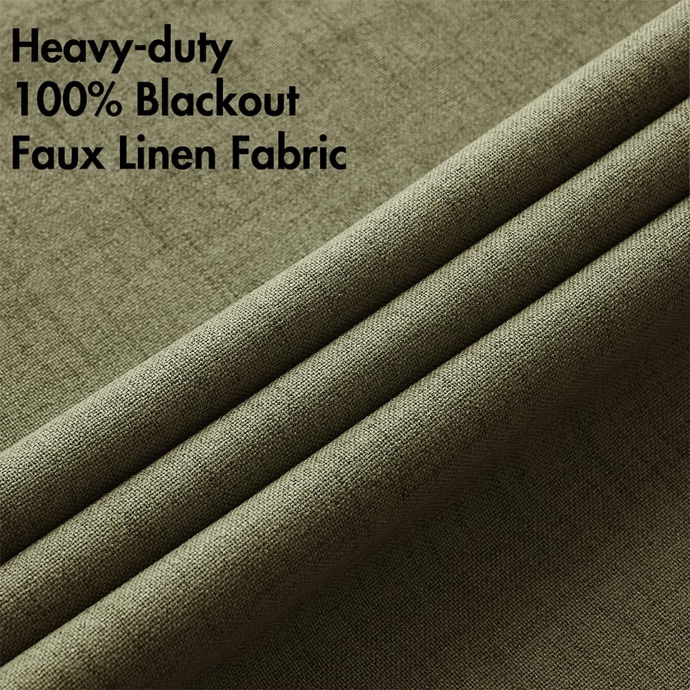 MIULEE 100% Blackout Linen Curtains for Bedroom 52x96 Light Olive Green