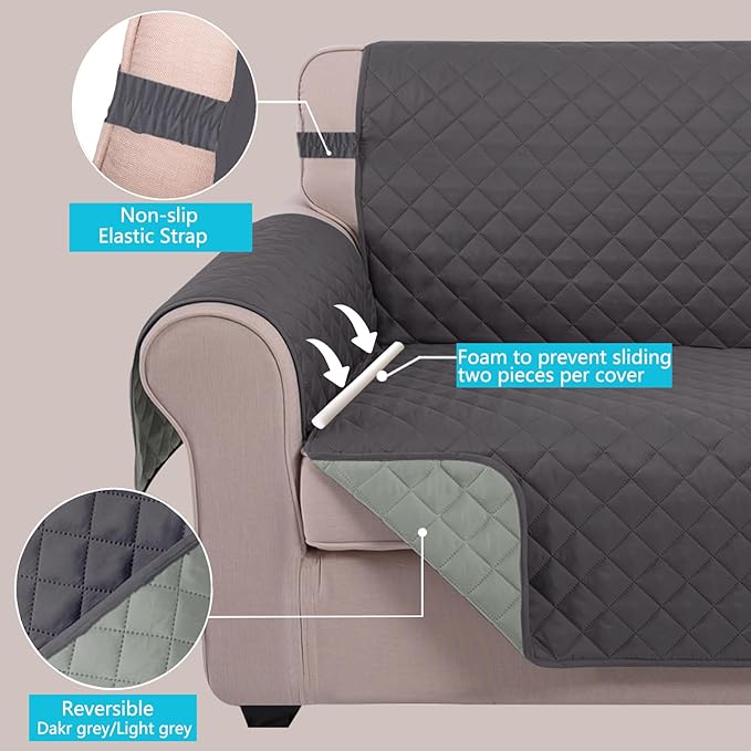 U-NICE HOME Recliner Chair Covers Reversible Chair Cover Pet Covers for Dogs with Elastic Straps Water Resistant Diamond Quilted (23''Armchair, Dark Grey/Light Grey)