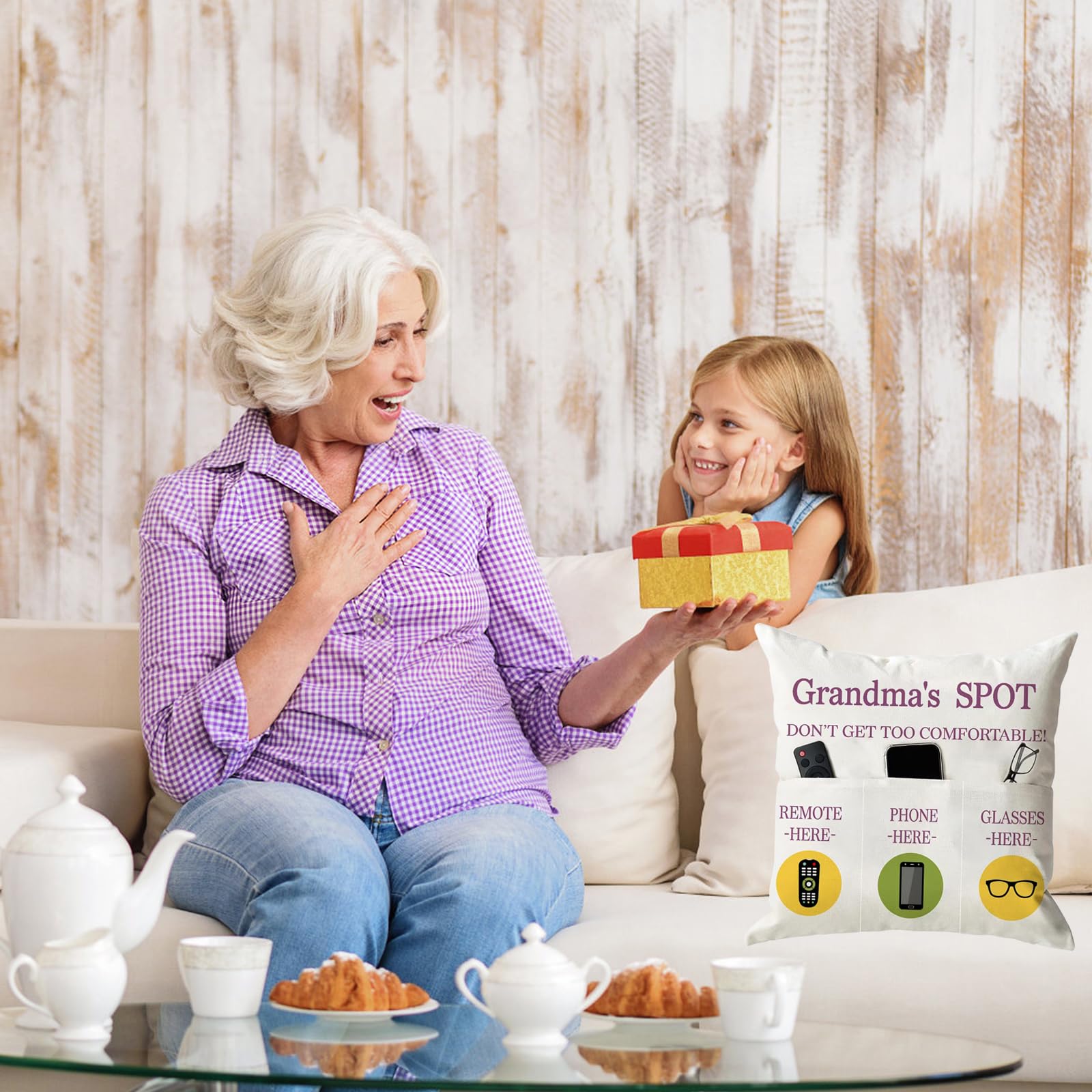 ONFAON Grandma Gifts, Grandma's Spot Throw Pillow Covers 18x18 Inch,Put Phone Glasses and Remote Control Pillowcase,Birthday Christmas Thanksgiving Day Gifts for Grandma Mom,3-Pocket