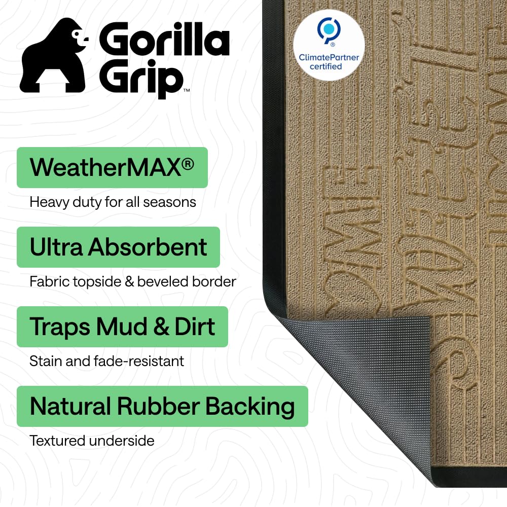 GORILLA GRIP 100% Waterproof All-Season WeatherMAX Doormat, US Designed Natural Rubber, Stain and Fade Resistant, Low Profile Indoor Outdoor Door Mats, Easy Clean Patio Mat, 29x17, Home Sweet Home