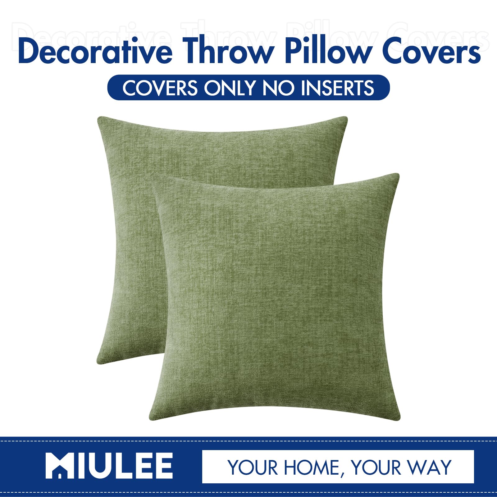 MIULEE Soft Chenille Euro Throw Pillow Covers Sage Green 22x22 Pack of 2