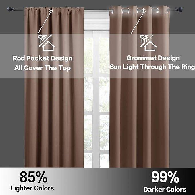 RYB HOME Short Blackout Curtains for Bedroom, Room Darkening Insulated Summer Heat Light UV Blocking Energy Saving Drapes for Nursery, Width 42 by Length 48, Mocha, Set of 2