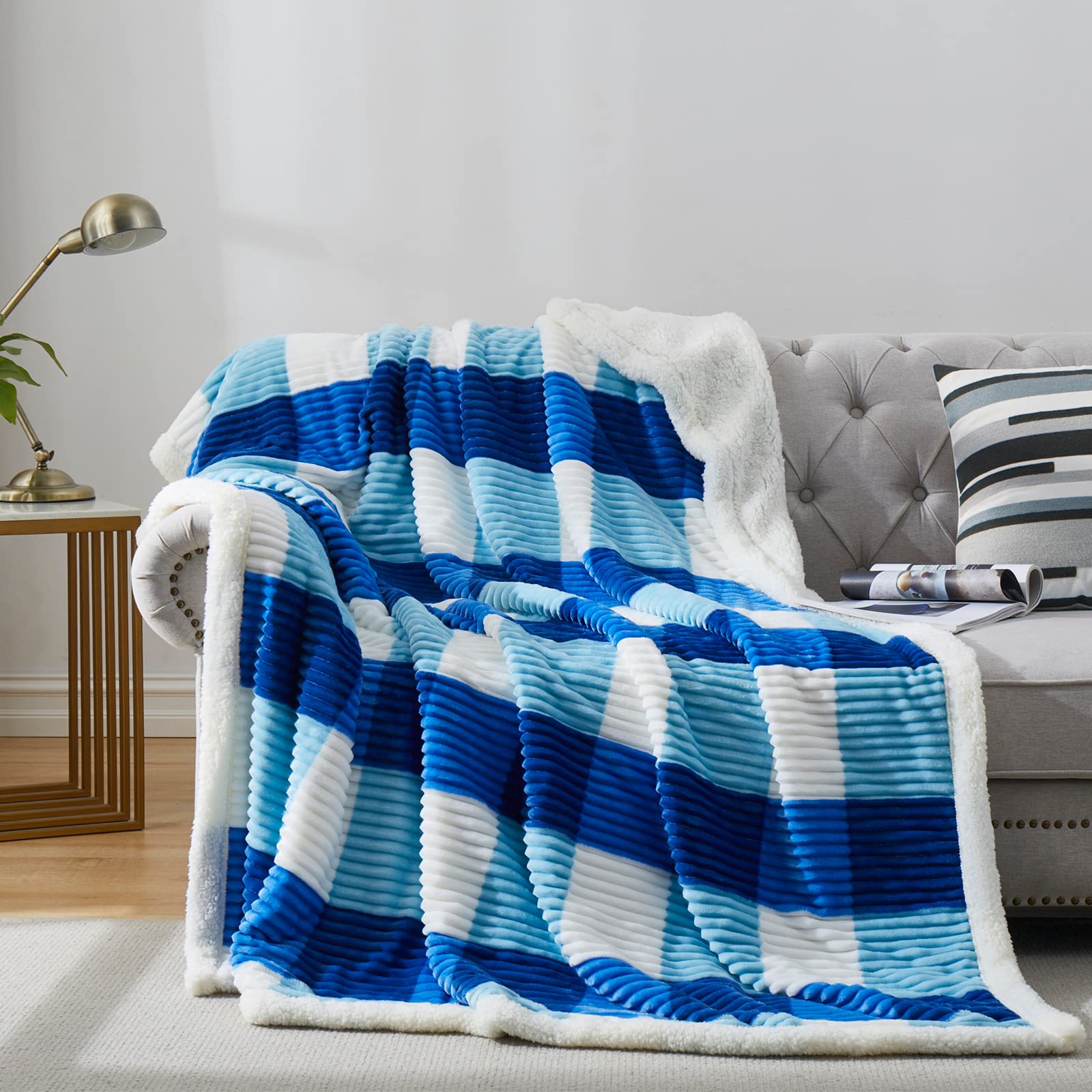 PU MEI Sherpa Blanket Twin Plaid Thick Bed Blanket, 90”*80” Super Soft Flannel Fuzzy Fleece Reversible Velvet Plush Warm Blanket for Couch(Blue Check, 80"*90")