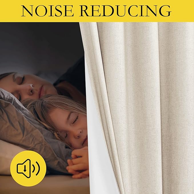 NICETOWN 100% Absolutely Blackout Linen Curtains with Thermal Insulated White Liner, Beige, W62, 2 Pieces, Noise Reducing Textured Linen Look Curtains for Windows 95 inch Length for Classroom