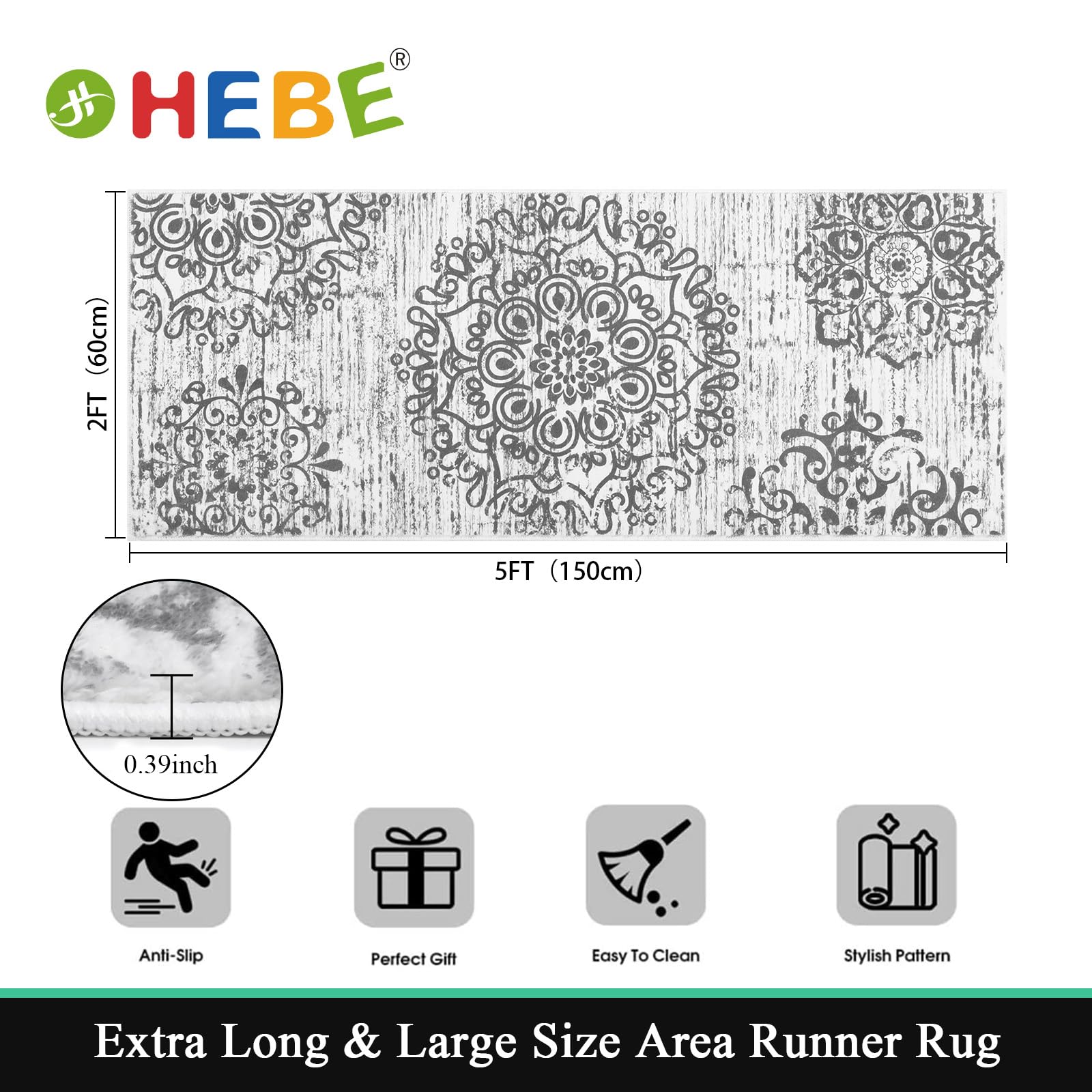 HEBE Hallway Runner Rug 2'x5', Washable Non Slip Kitchen Rug Runner