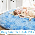 Amdrebio Tie-Dyed Light Blue Round Circle Rug 4Ft for Girls Bedroom, Soft Fluffy Cute Area Rugs for Kids, Boys Room Decor, Stitch Plush Shaggy Fuzzy Carpet for Baby Nursery Classroom Dorm Playroom