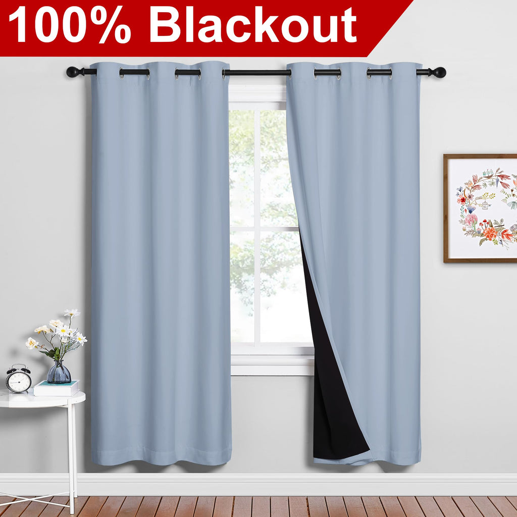 NICETOWN 100% Blackout Window Curtain Panels, Vintage Blue, 2 Pieces, 42-inch Wide Per Panel, Full Light Blocking Drapes with Black Liner for Nursery, 72-inch Drop Thermal Insulated Draperies