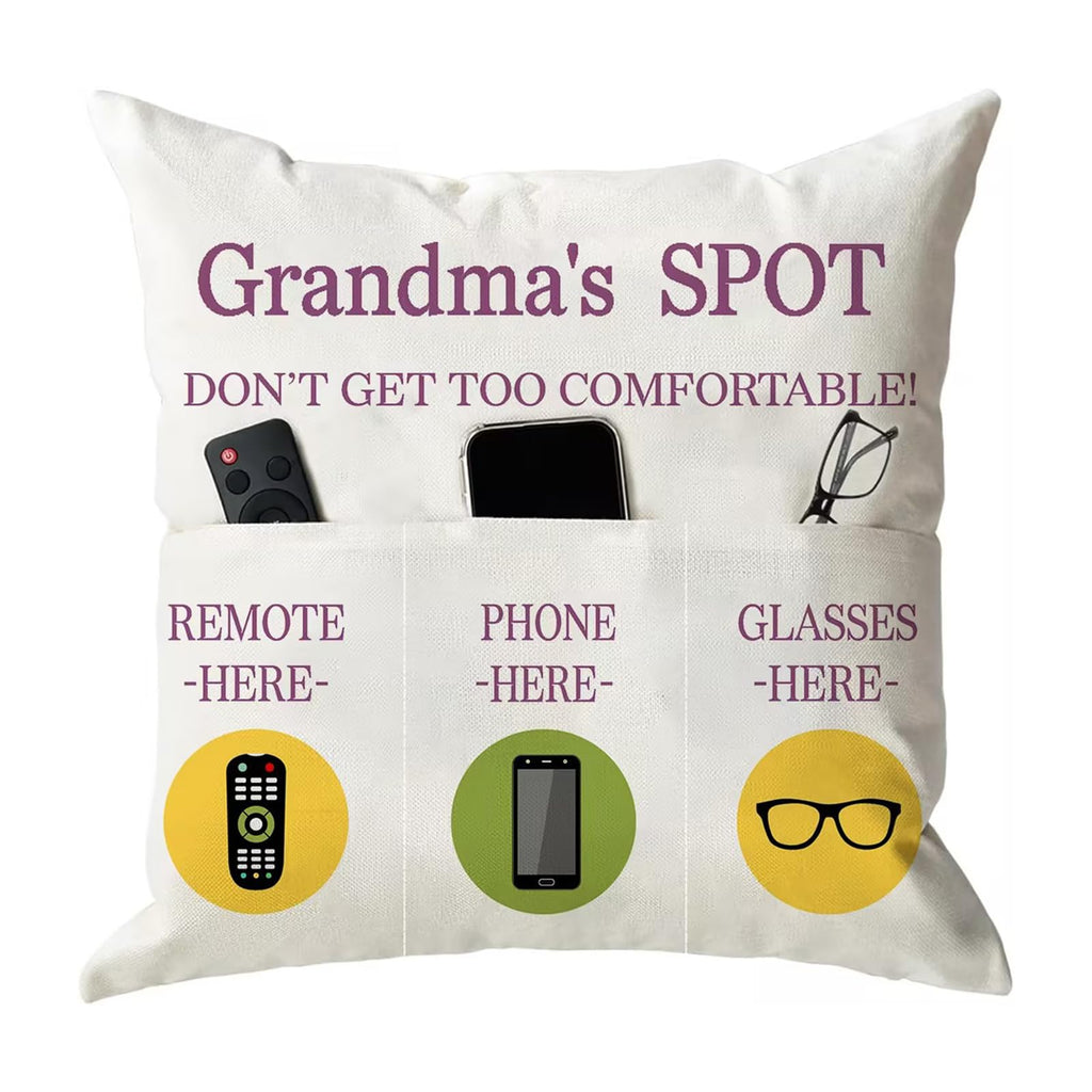 ONFAON Grandma Gifts, Grandma's Spot Throw Pillow Covers 18x18 Inch,Put Phone Glasses and Remote Control Pillowcase,Birthday Christmas Thanksgiving Day Gifts for Grandma Mom,3-Pocket