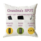 ONFAON Grandma Gifts, Grandma's Spot Throw Pillow Covers 18x18 Inch,Put Phone Glasses and Remote Control Pillowcase,Birthday Christmas Thanksgiving Day Gifts for Grandma Mom,3-Pocket