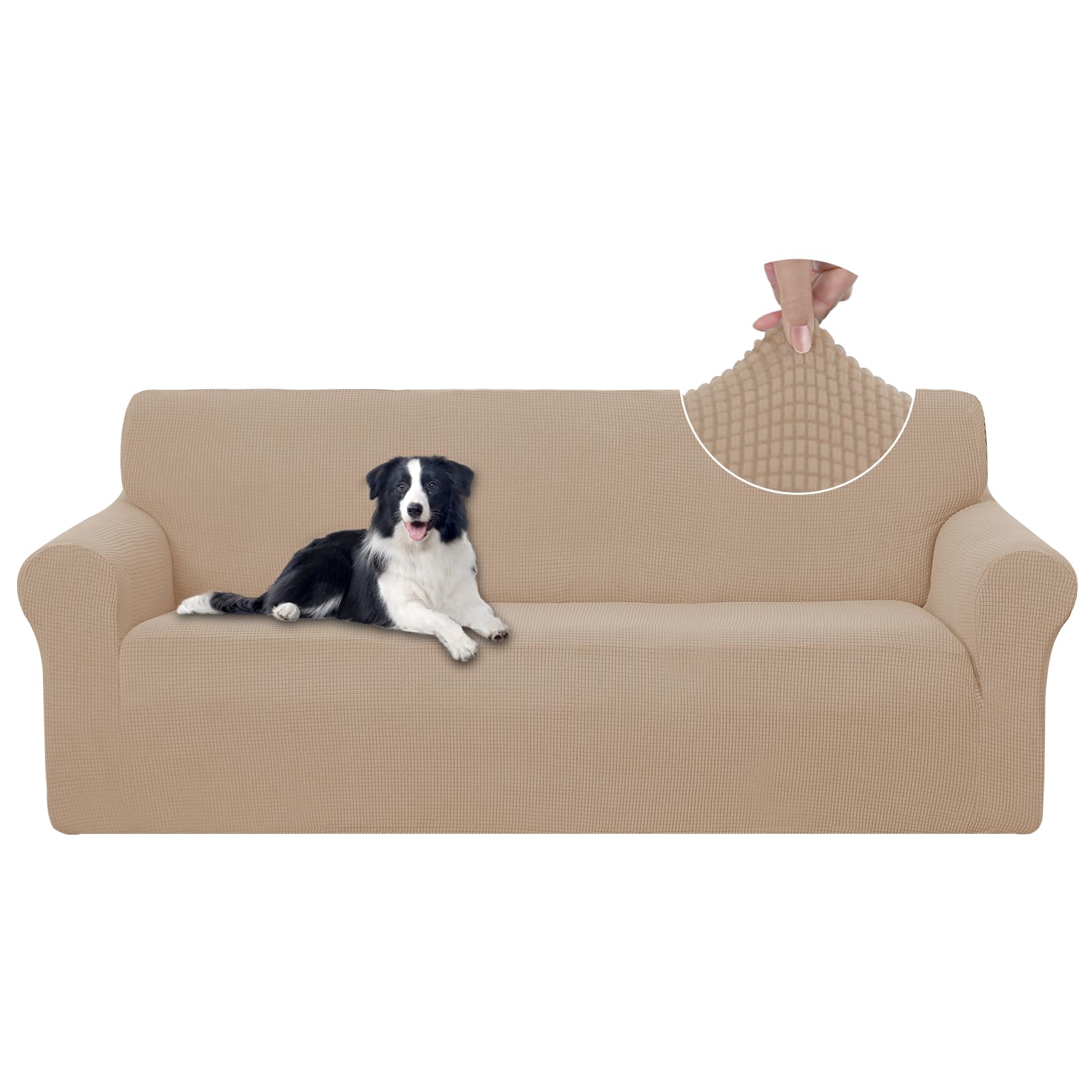 U-NICE HOME Stretch Couch Cover Sofa Covers for 3 Cushion Couch Slipcover with Elastic Bottom Furniture Protector for Dogs, Spandex Jacquard Soft Fabric (Large, Camel)