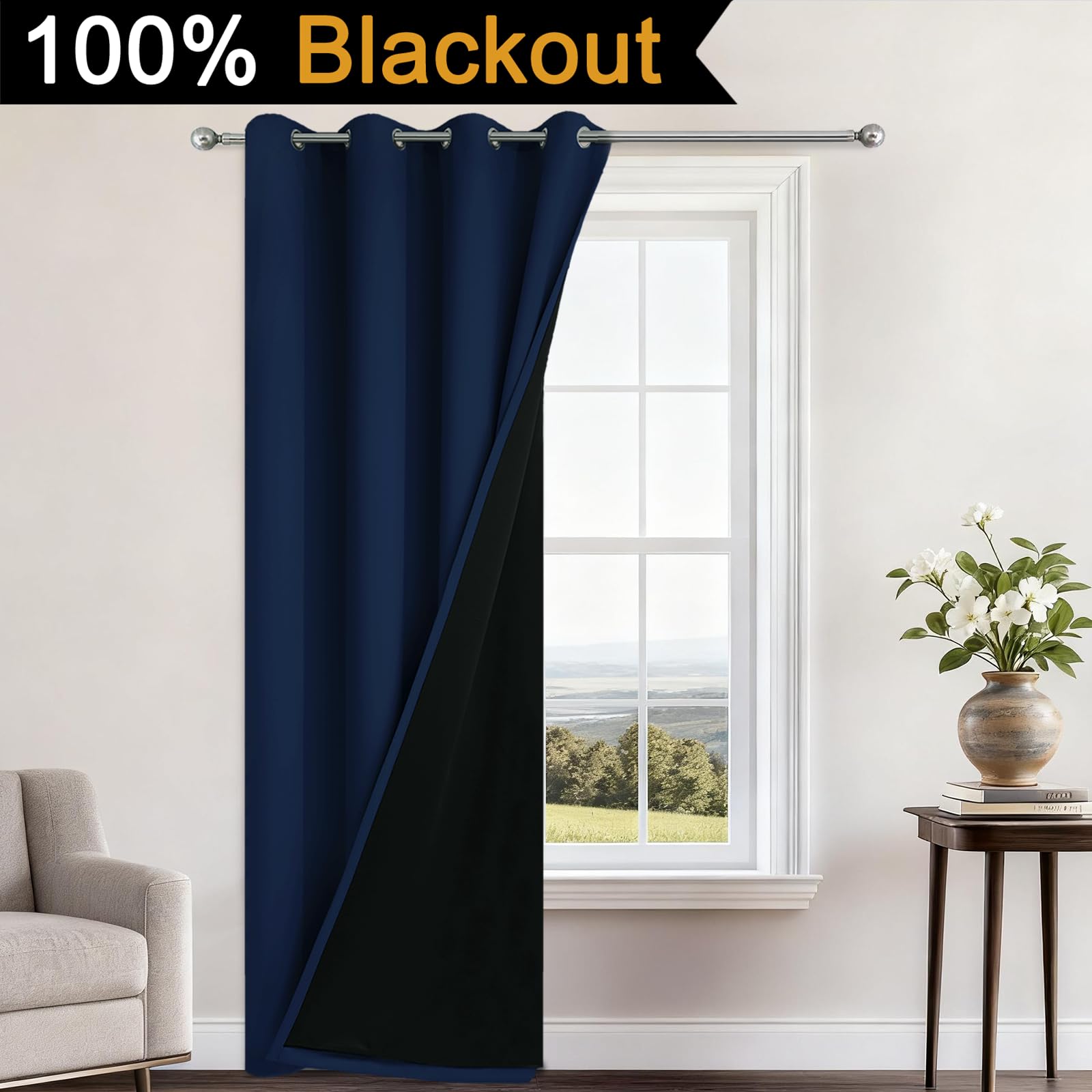 Yakamok Navy Blue Blackout Curtains 96" Long for Bedroom 52" Wide 1 Panel