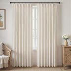 Pinch Pleated Look Light Filtering Curtains 84 Inch Length, 2 Panels Linen Textured Boho Neutral Drapes for Living Room Bedroom Farmhouse Vintage Rustic Window Curtains with Hooks