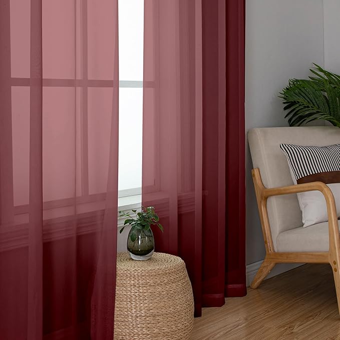 Simplebrand Red Sheer Curtains 96 Inches Long, Light Filtering Rod Pocket Solid Color Window Sheer Curtain Panels, Elegant Curtains & Drapes for Living Room, Bedroom 2 Panels (Burgundy, 42" W x 96" L)