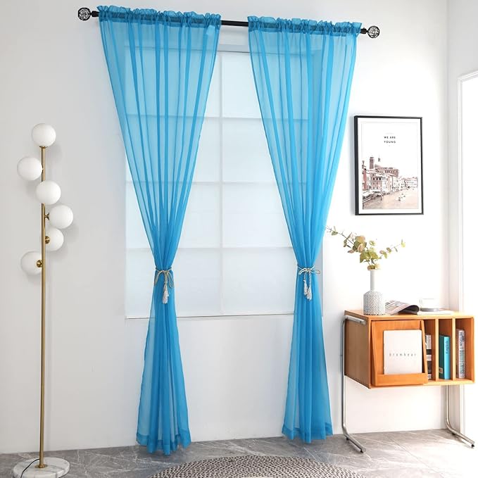 SpaceDresser Basic Rod Pocket Sheer Voile Window Curtain Panels Cyan Blue 1 Pair 2 Panels 52 Width 90 Inch Long for Kitchen Bedroom Children Living Room Yard(Cyan Blue,52 W x 90 L), adult