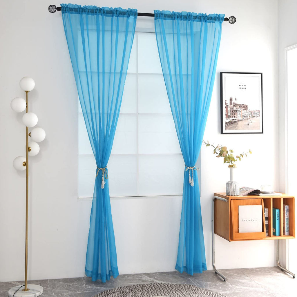 SpaceDresser Sheer Voile Window Treatment Rod Pocket Curtain Panels for Kitchen Bedroom Living Room Drapes Sunlight Filtering Privacy Semi Home Decor Assorted Colors Sizes (Cyan Blue, 52 W x 54 L)
