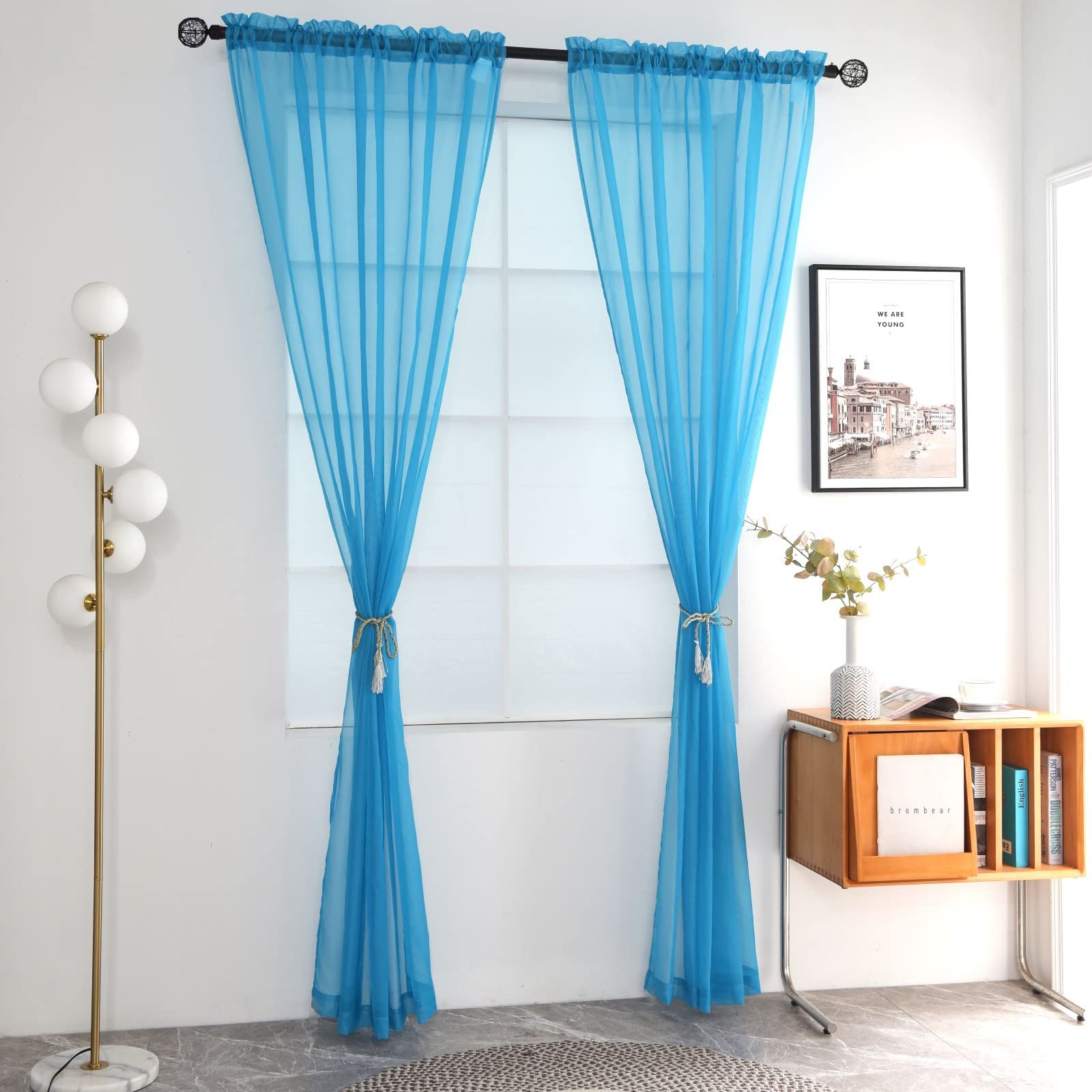 SpaceDresser Sheer Voile Window Treatment Rod Pocket Curtain Panels for Kitchen Bedroom Living Room Drapes Sunlight Filtering Privacy Semi Home Decor Assorted Colors Sizes (Cyan Blue, 52 W x 54 L)