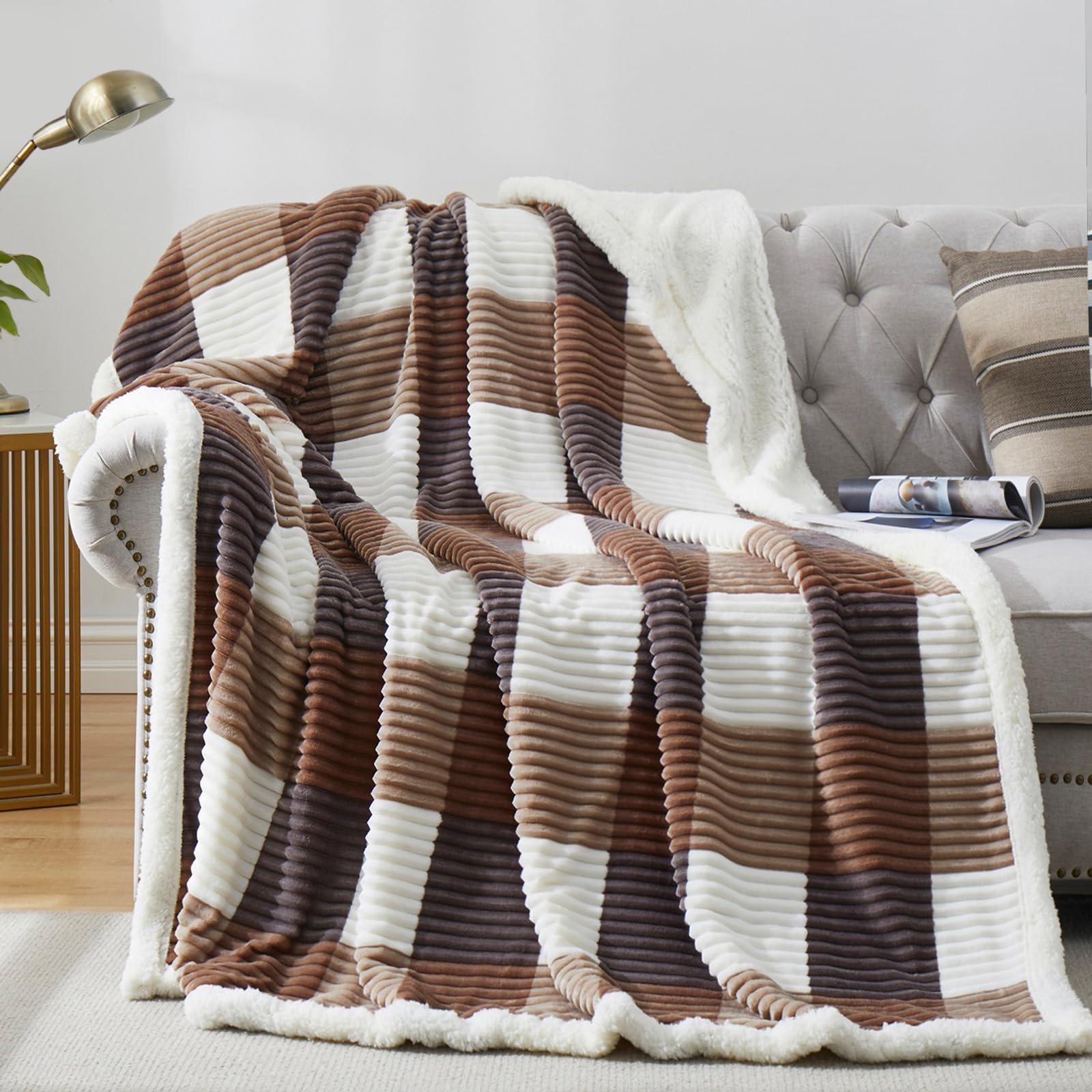 PU MEI Sherpa Blanket Queen Plaid Thick Bed Blanket, 80”*90” Super Soft Flannel Fuzzy Fleece Reversible Velvet Plush Warm Blanket for Couch (Blue White Check)