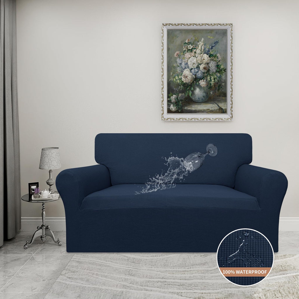 Easy-Going 100% Waterproof Loveseat Couch Cover, Dual Waterproof Sofa Cover, Stretch Jacquard Sofa Slipcover, Leakproof Furniture Protector for Kids, Pets, Dog and Cat (Loveseat, Dark Blue)