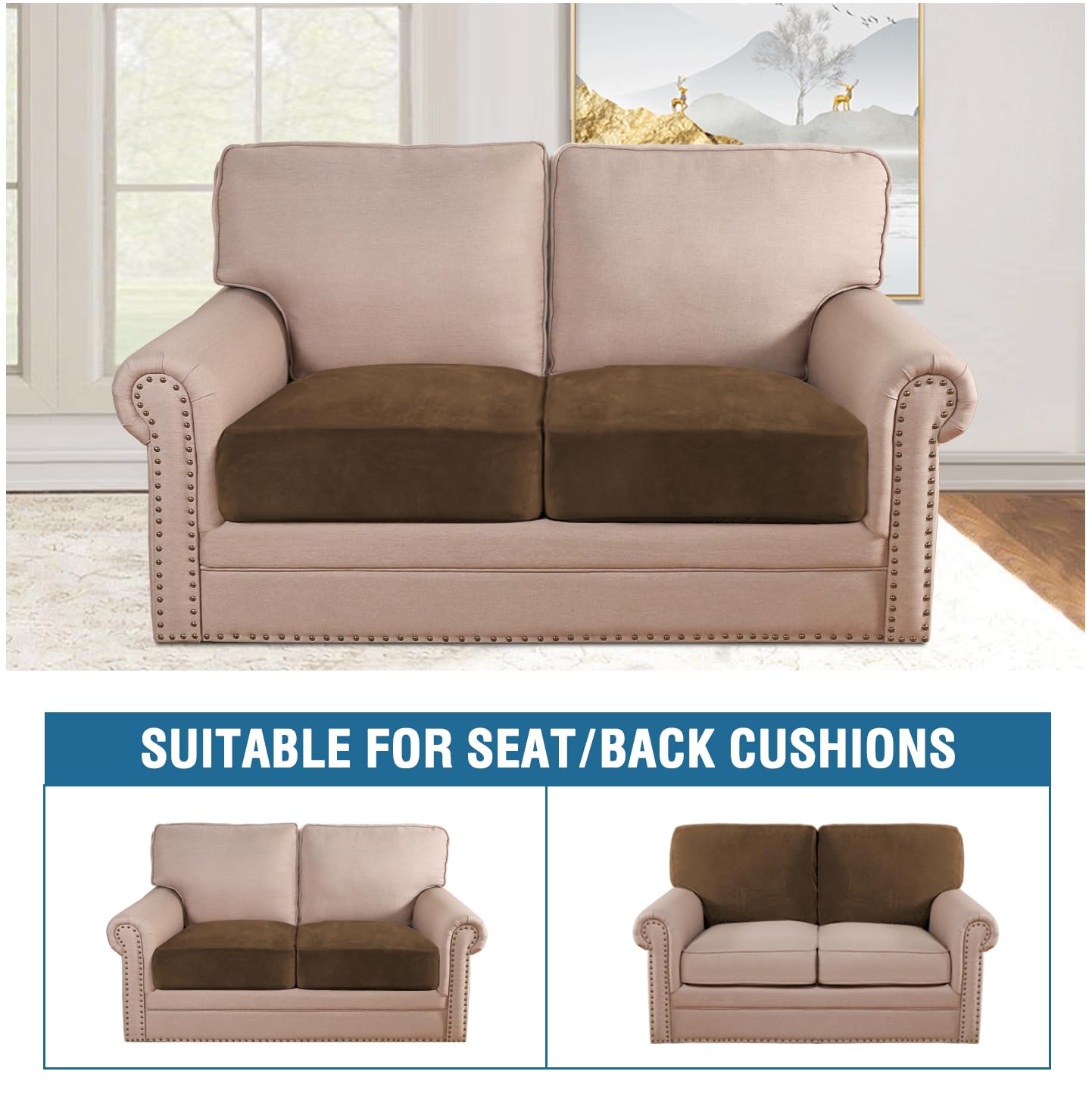 H.VERSAILTEX Velvet Stretch Couch Cushion Cover Plush Cushion Slipcover for Chair Loveseat Sofa Cushion Furniture Protector Seat Cushion Sofa Cover (2 Piece Large Sofa Cushion Covers, Bronze Brown)
