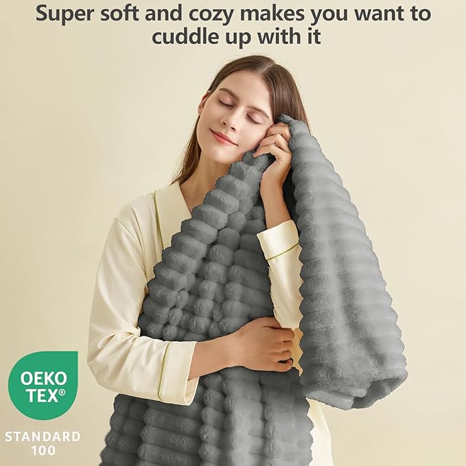 HIMEET Grey King Size Blanket for Bed, 300GSM Ribbed Fleece, 108 x 90 in