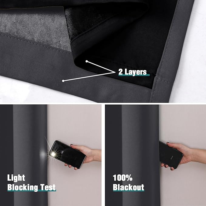 ChrisDowa 100% Blackout Curtains for Bedroom with Black Liner, 2 Thick Layers Total Blackout Thermal Insulated Grommet Window Curtains 72 Inch Length 2 Panels Set (Dark Grey, 52 x 72 Inch)